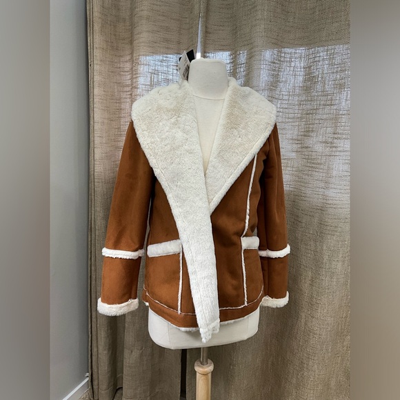 CHASER NEW Women's Whisky Brown and White Faux Shearling Jacket Size S Vegan - Picture 3 of 11